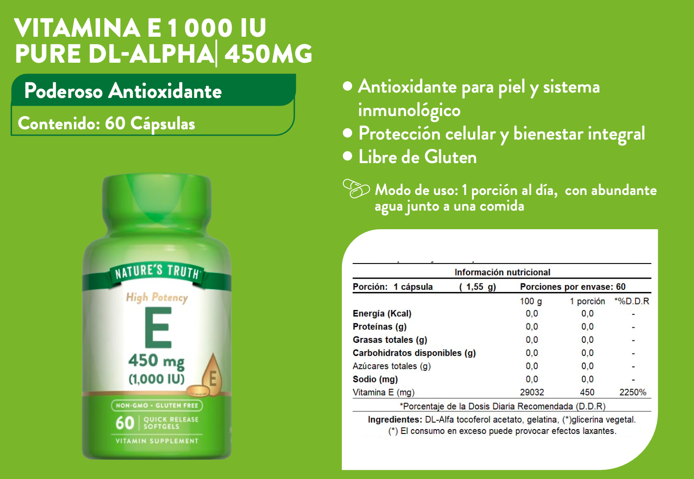 VITAMINA E 1 000 IU PURE DL-ALPHA| 450MG - 60 CÁPSULAS