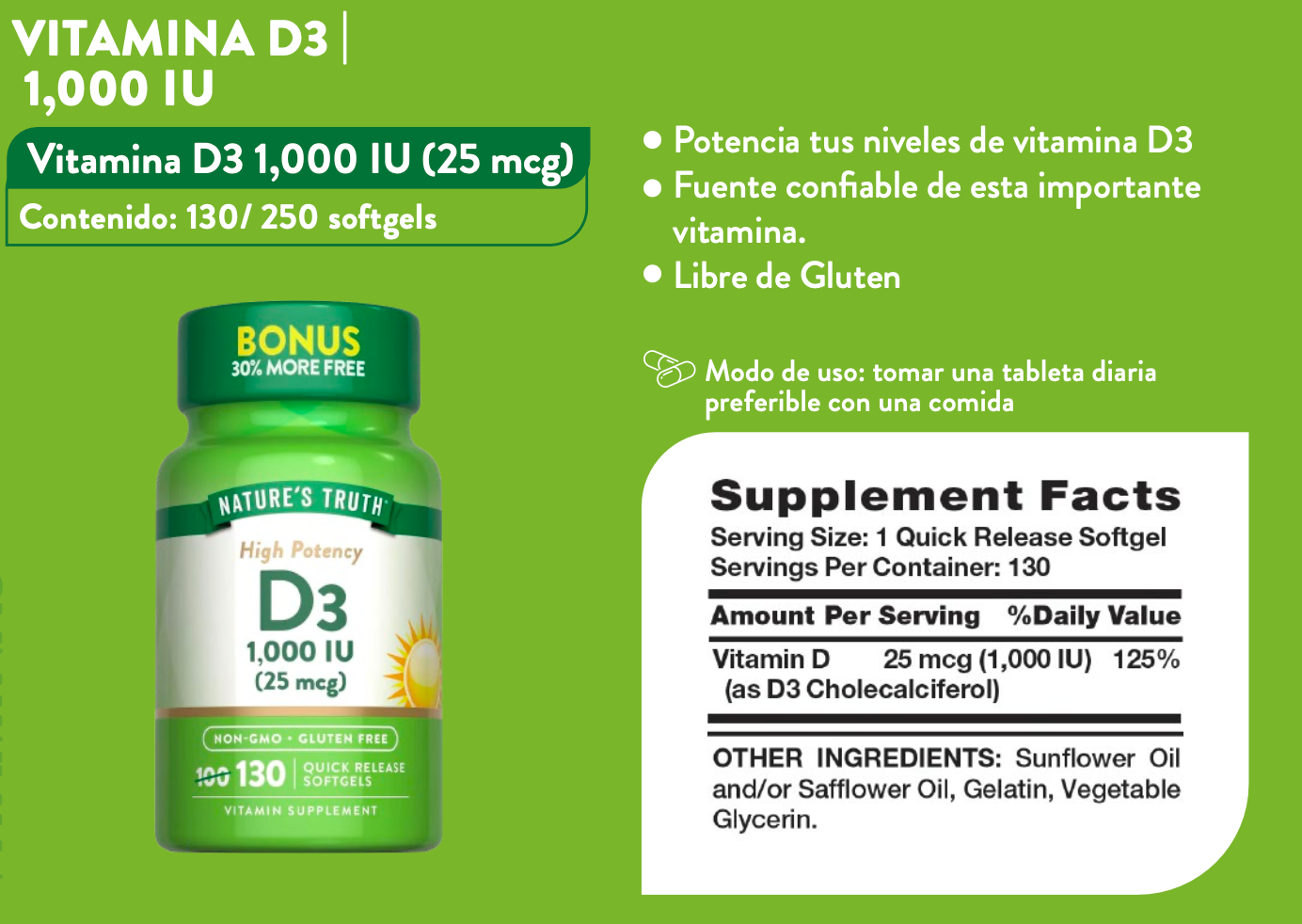 VITAMINA D3 | 1,000 IU - 130 CÁPSULAS